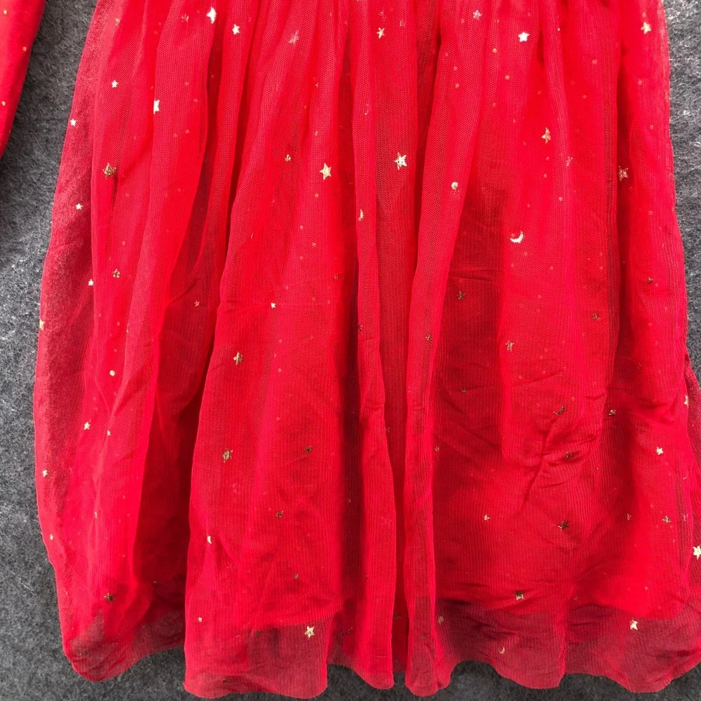 Hanna Andersson Girls 5T Red Holiday Dress Long Sleeve Tulle Gold Star Christmas